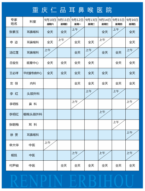 重庆仁品耳鼻喉医院门诊排版表